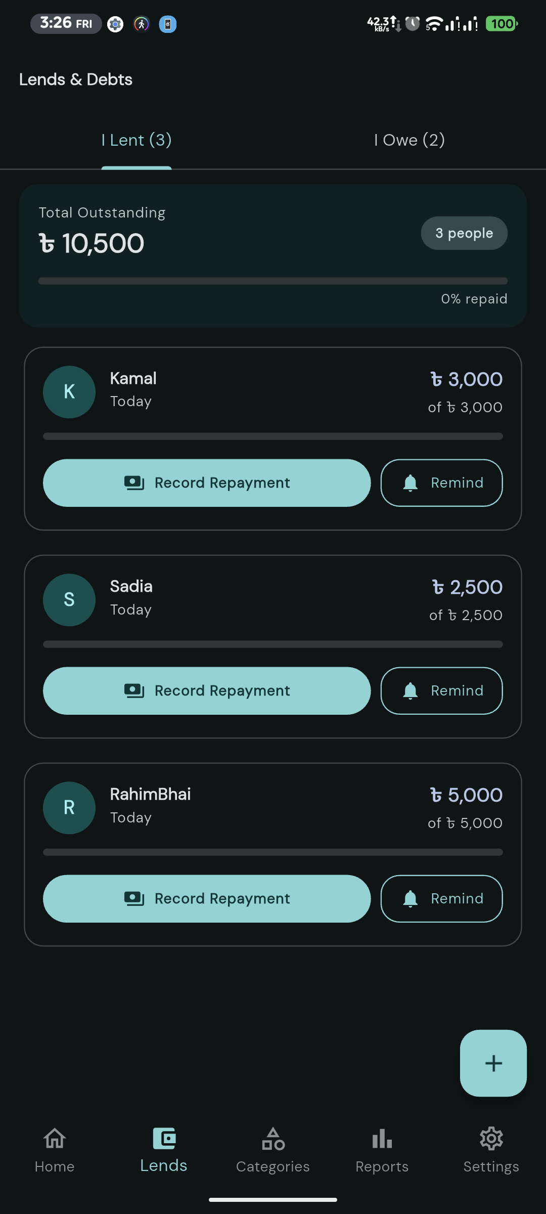 MoneyMate lends and debts tracker screen