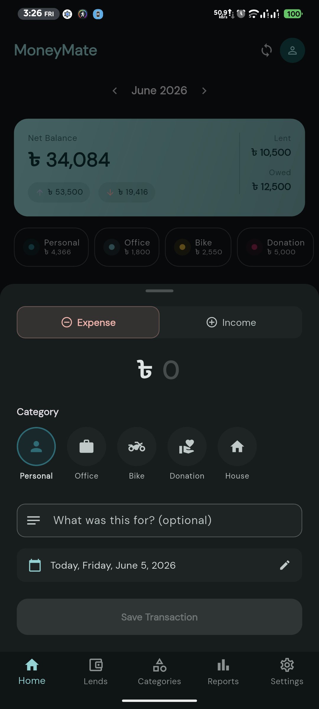 MoneyMate quick-add sheet for logging a transaction
